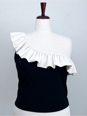 H&M XL Chic Elegant Glam Ruffle One-Shoulder Black White Sleeveless Top NWT